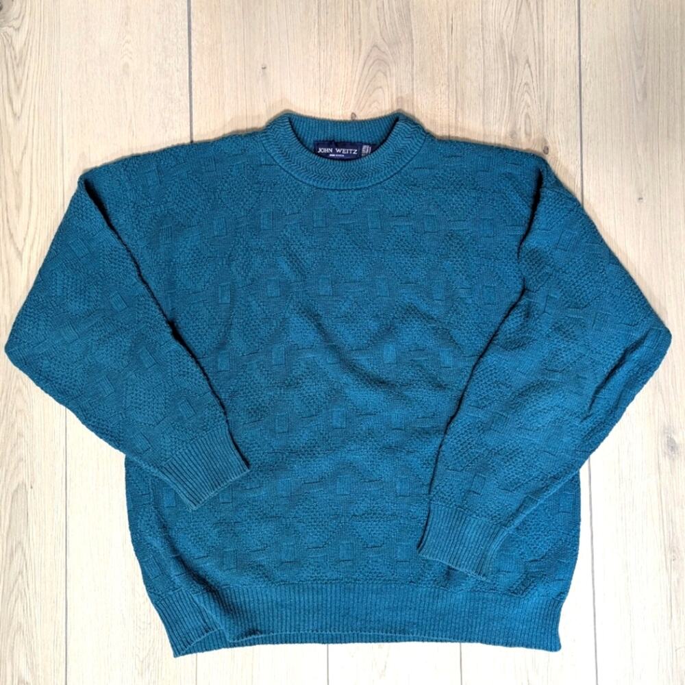 VTG John Weitz 100% cotton teal size L knit geometric sweater funky colorful